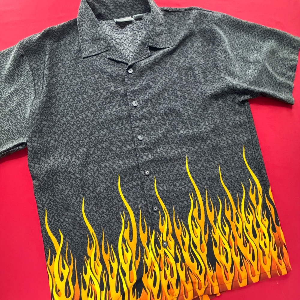 Vintage Breakdown Y2K Flames Button Down Shirt Grey Orange Yellow Mens XL‎ 2000